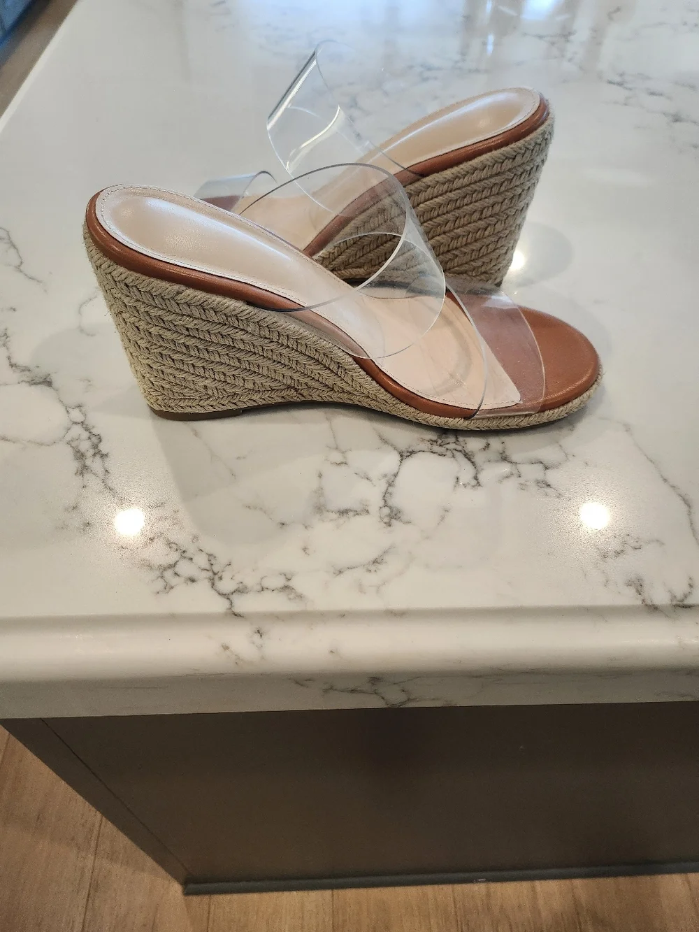 Clear Strap Espadrille Wedge Sandals With Cushioned Footbed, 7.5,Like New